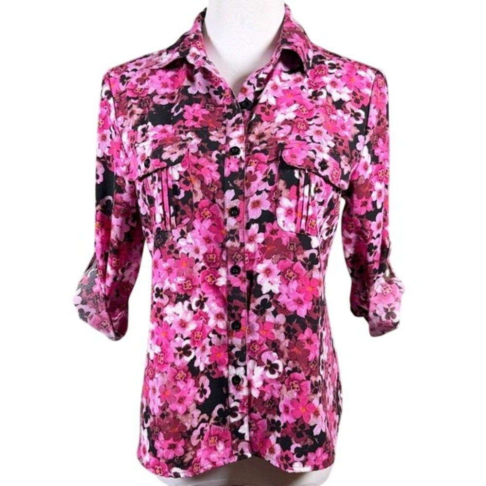 Laura Scott Petite Pink Floral Roll Tab‎ Button Up Blouse Top MP Medium Petite